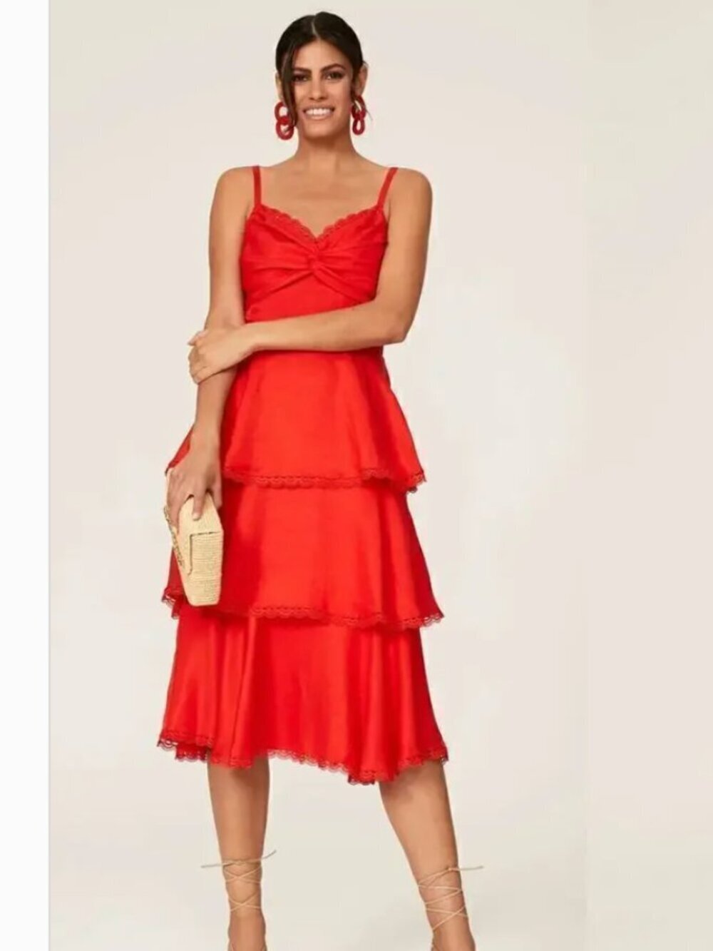 Marchesa Notte Dress Sleeveless Sweetheart Neck Ruffle Tiered Midi Red Size 20